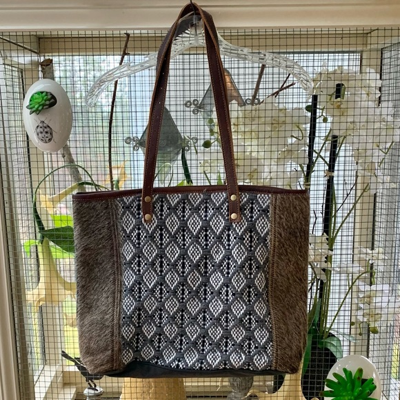 Myna Bag Tote Purse Bag Brown Grey Black White Faux Fur and Fabric - Picture 1 of 5